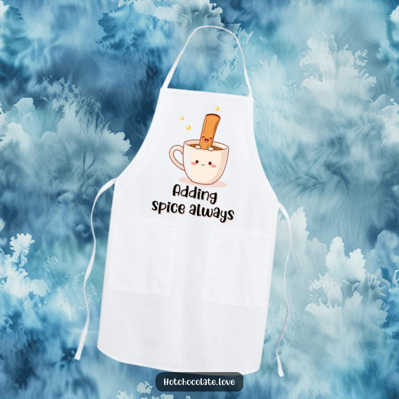Funny Apron featuring a delighted cinnamon stick twirling in a mug, perfect for baking or cooking with a touch of spice.