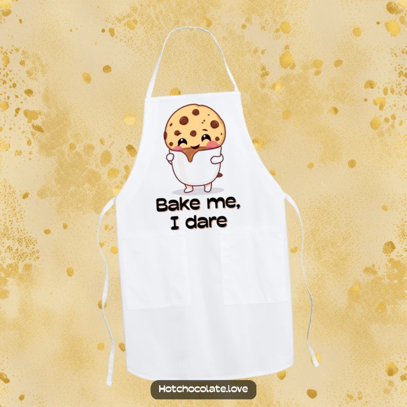 Funny Cookie Apron: A cheerful chocolate chip cookie dipping into hot chocolate, ideal for a sweet-loving chef.