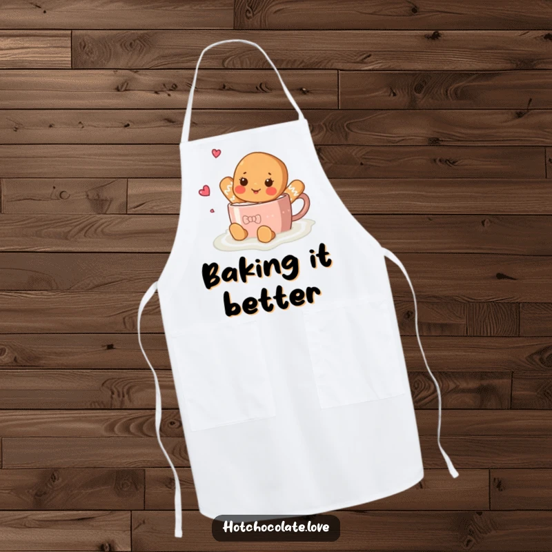 Funny gingerbread character swimming in a hot chocolate bath, ready for kitchen adventures on a chef's apron.