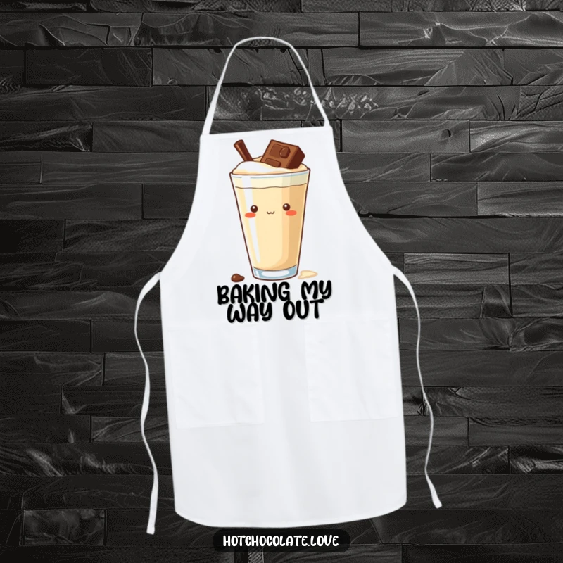 Funny curious chocolate chip apron, peeking from a rich drink, adding playful intrigue and delicious fun to cooking tasks.