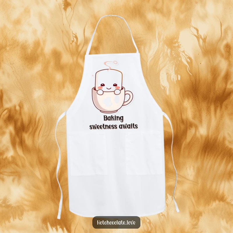 Funny Marshmallow Apron: A happy marshmallow character smiling from a steaming mug, ideal for a sweet-loving chef.