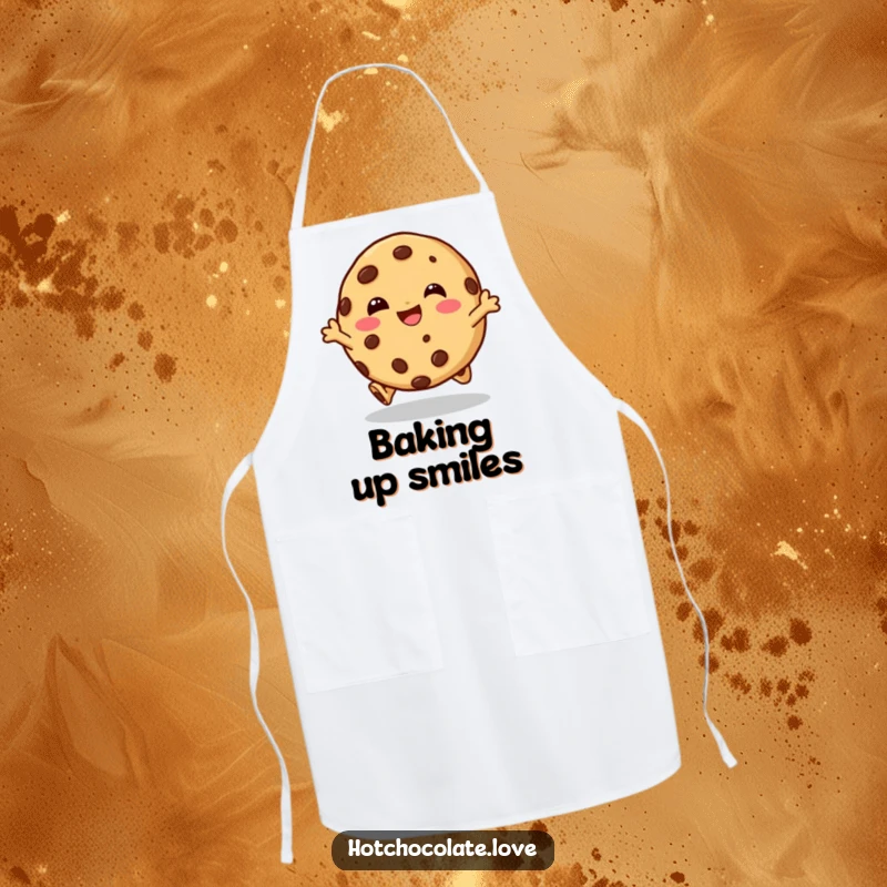 Funny apron featuring a giggling chocolate chip cookie character doing a happy hop, ideal for adding humor to kitchen activities.