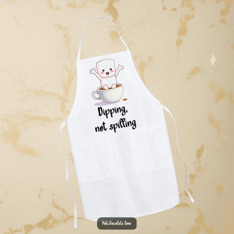 Funny apron featuring a happy marshmallow character taking a dive into a hot chocolate mug, ideal for a humorous kitchen experience.