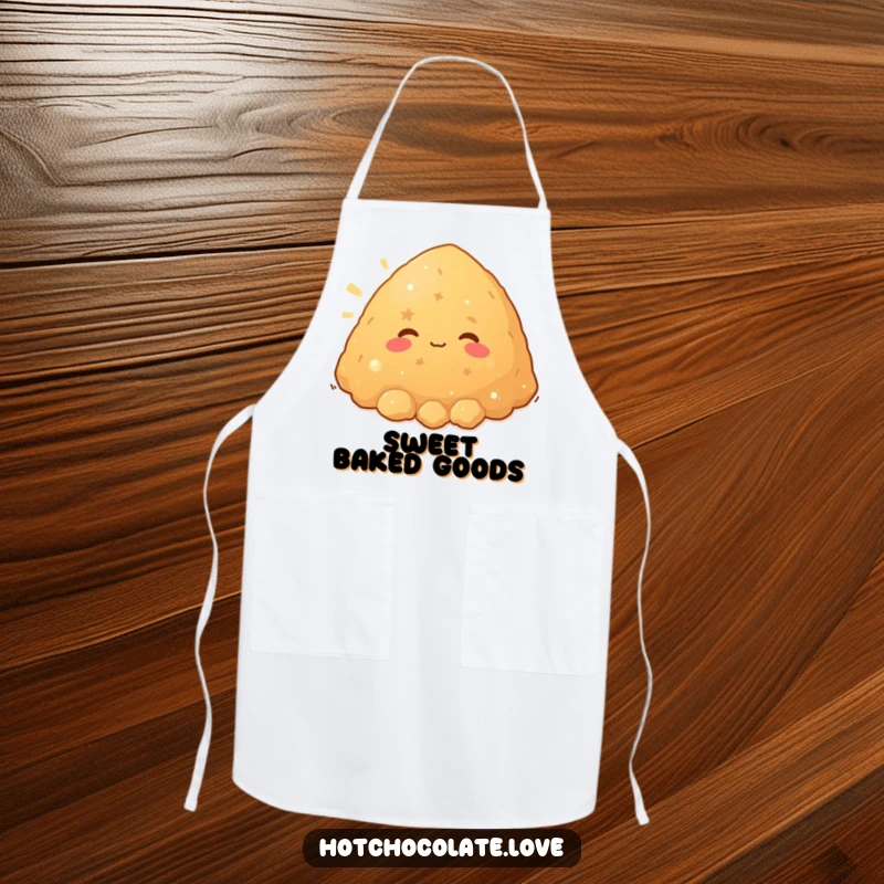 A contented pile of brown sugar character beaming with warmth, shown on a kitchen apron, ready for sweet baking.