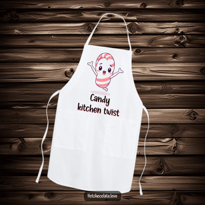 Funny surprised candy cane mid-cartwheel, a durable and humorous apron for chefs.