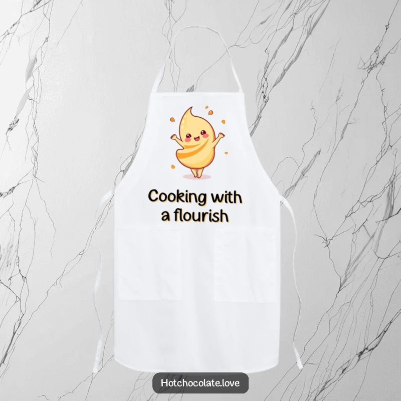 Funny playful caramel swirl apron, doing a happy dance, adding sweet flair and energetic fun to cooking tasks.