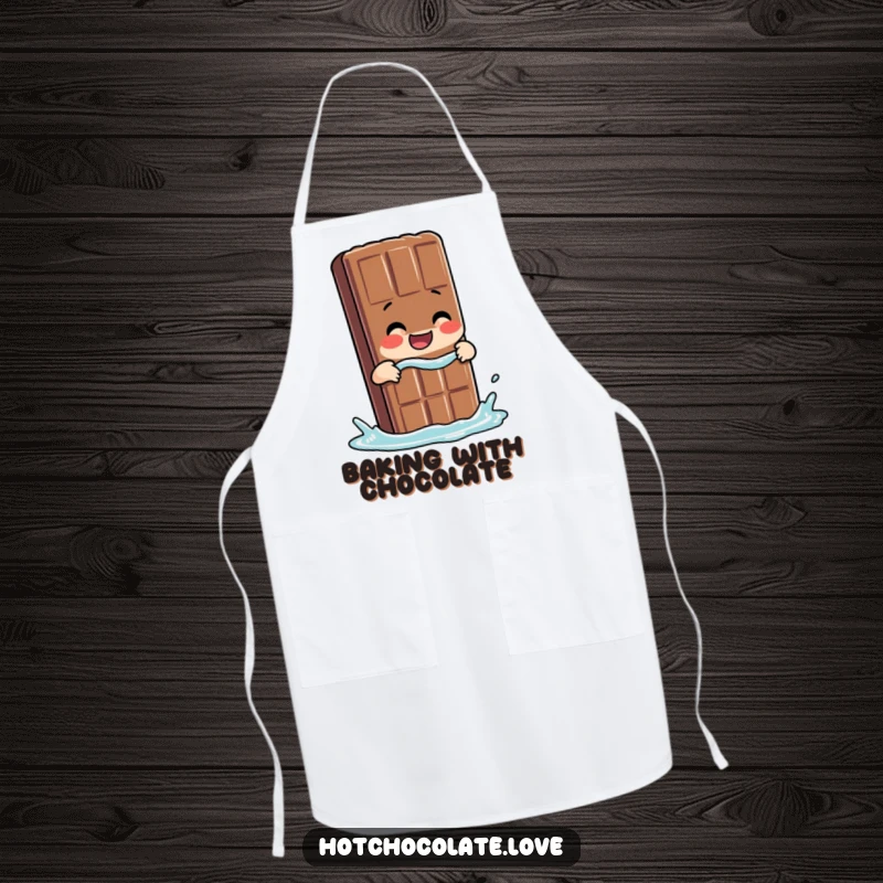 Funny Chocolate Apron with a giggling chocolate bar person taking a dip, perfect for kitchen fun.