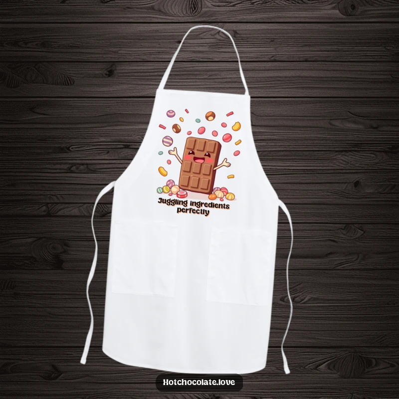 Funny apron graphic of a joyful chocolate bar juggling small candies, bringing sweet humor to kitchen tasks, excellent funny gift.