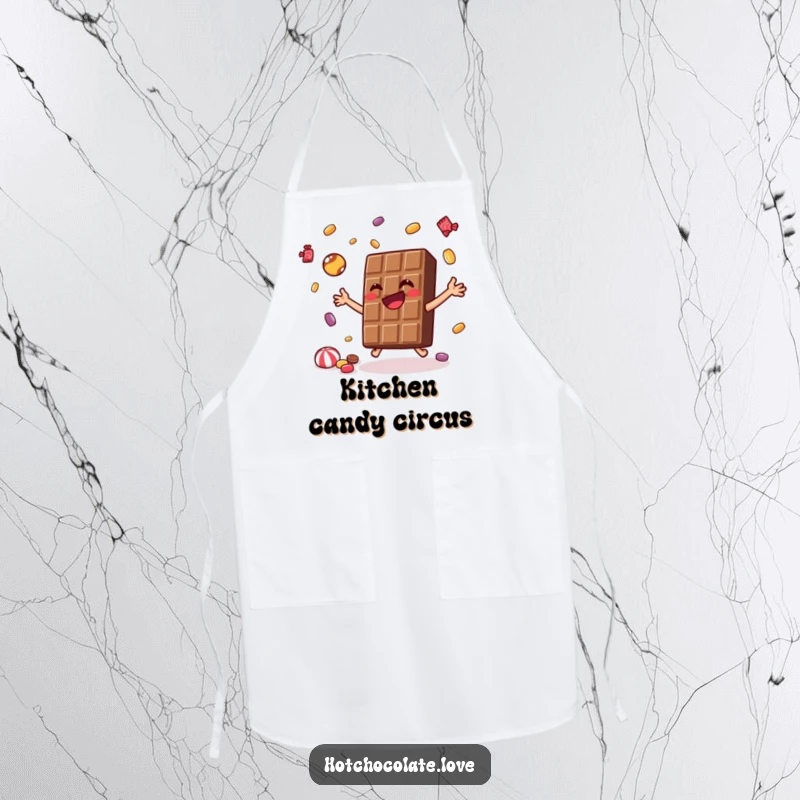 Funny Apron with a joyful chocolate bar juggling tiny candies, ready for a humorous and sweet cooking experience.