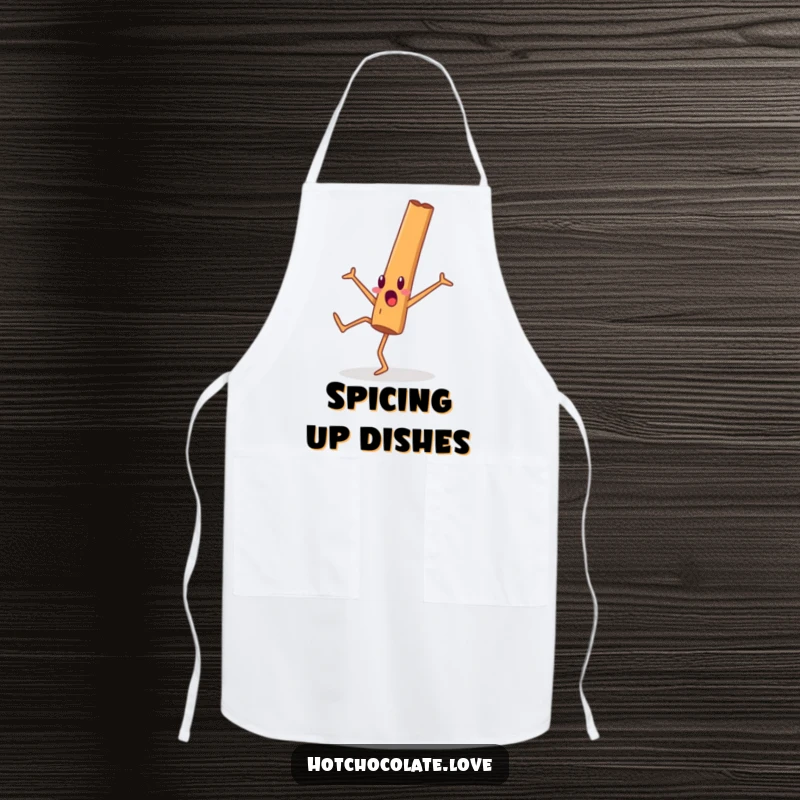 Funny cinnamon stick person doing a cartwheel on a chef's apron, ready for surprising kitchen action.