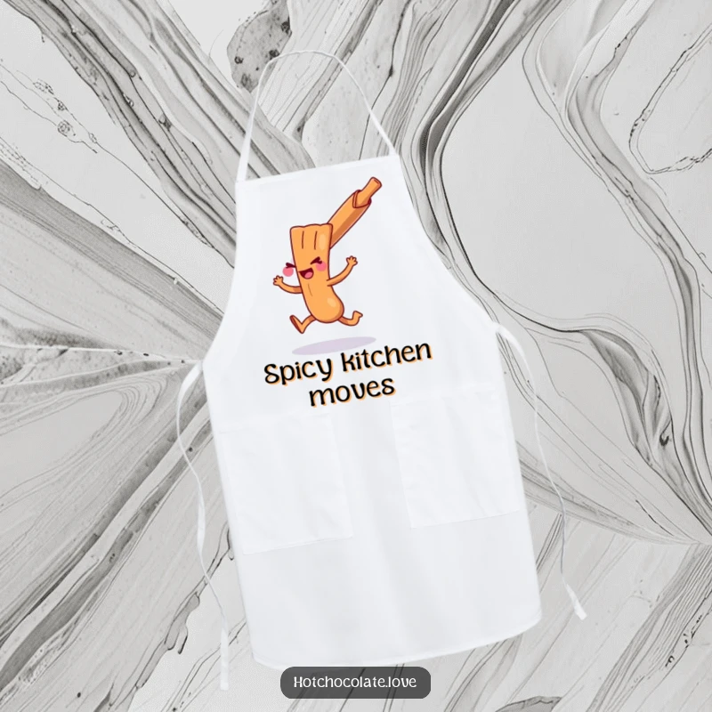 A playful cinnamon stick doing a mischievous hop, shown on a kitchen apron, ready for spice-filled cooking adventures.