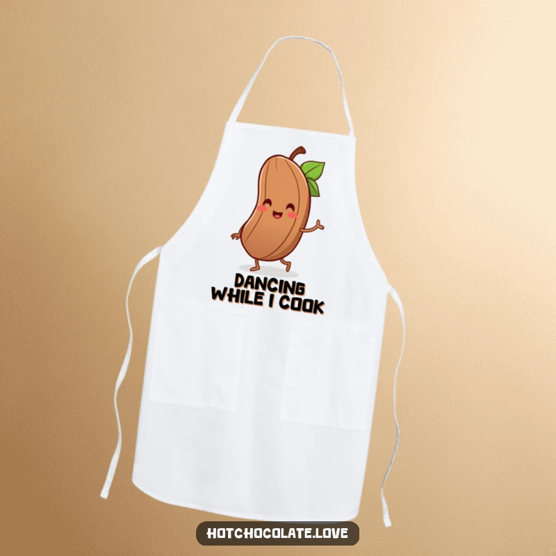 Funny apron depicting a delighted cocoa bean with a tiny smile, joyfully performing a little jig.