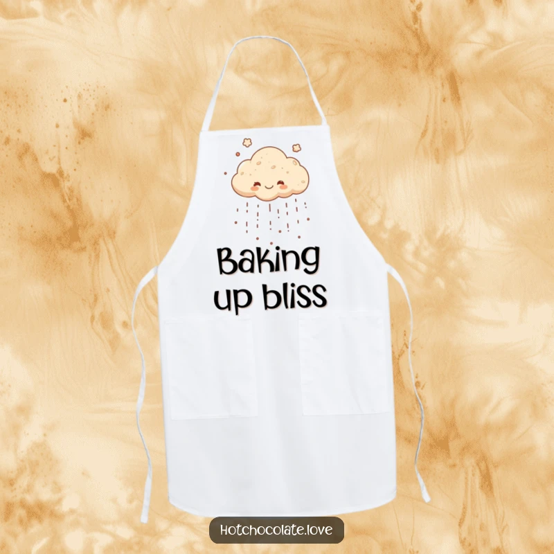 Funny apron showcasing a happy cocoa powder cloud raining chocolatey goodness, bringing sweet humor and kitchen protection.
