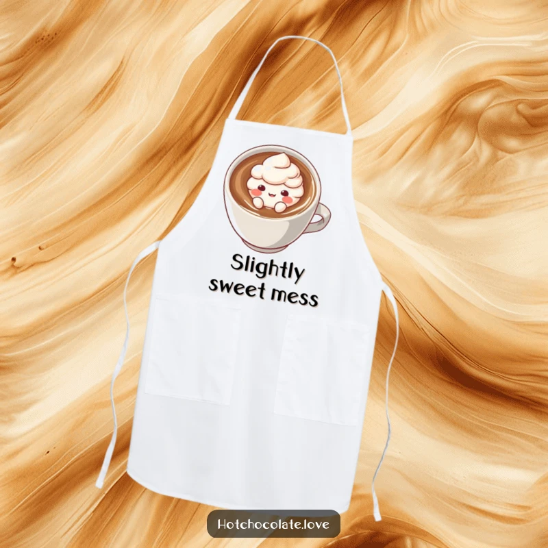 Funny apron featuring a whimsical cocoa powder puff character enjoying a hot drink, ideal for adding humor to cooking and baking.