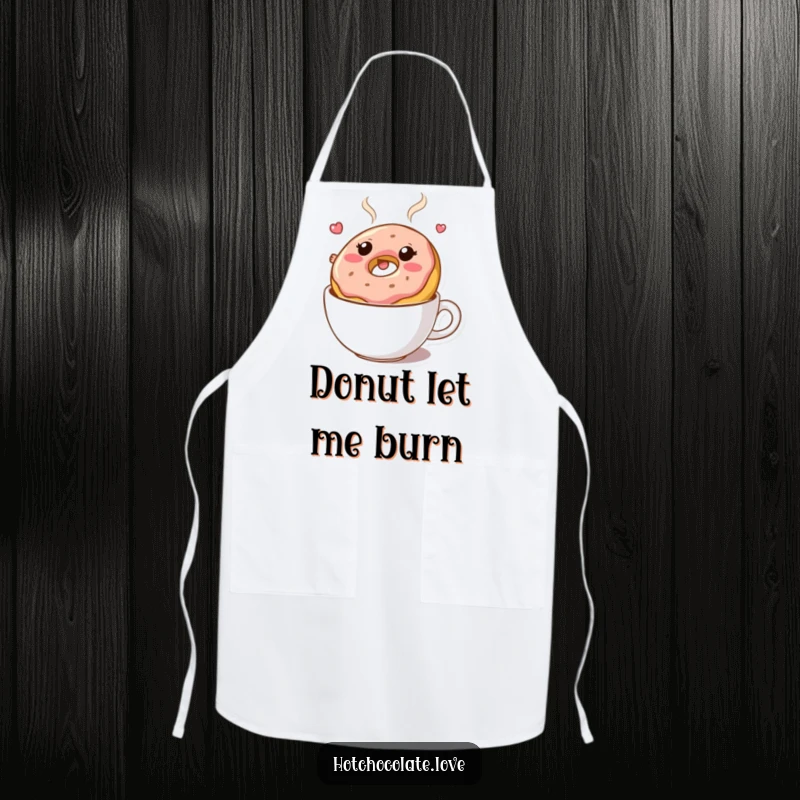 Funny apron: A bouncy donut character floating in hot chocolate. Humorous kitchen accessory for bakers.