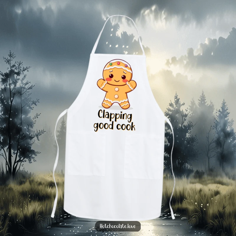 Funny apron design of a delightful gingerbread cookie with frosted hands clapping merrily.
