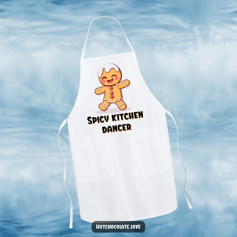 Funny Gingerbread Man Apron featuring a winking character doing a playful dance with dripping icing, ideal for holiday baking.