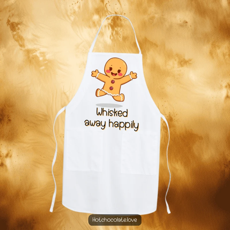 Funny delighted gingerbread person skipping with glee, a durable and humorous apron for chefs.