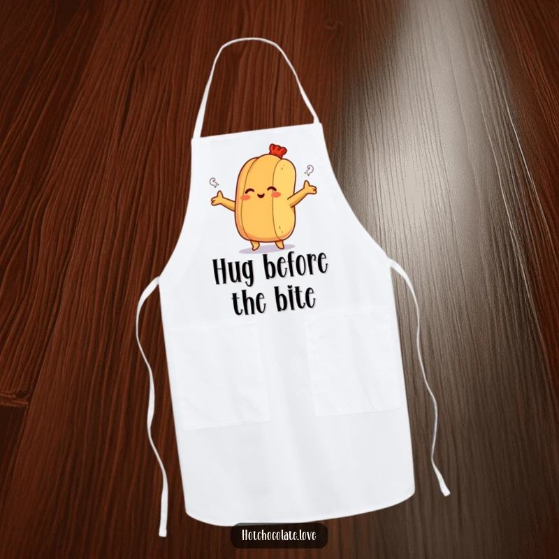 Funny apron depicting a smiling hot dog bun offering a steamy hug, perfect for kitchen warmth and humor.