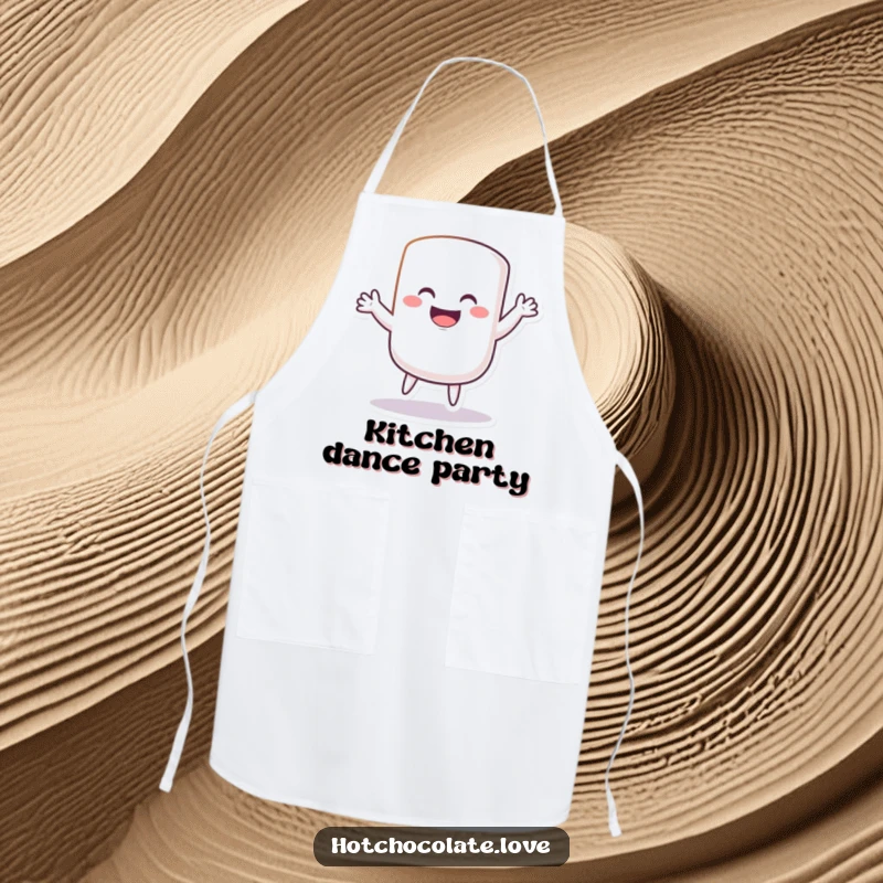 Funny Apron with a grinning marshmallow performing a silly dance, ready for a humorous and sweet cooking experience.