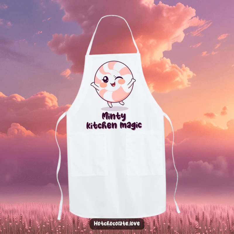 Funny apron with a winking peppermint character doing a cheerful spin, adding humor and coolness to kitchen activities.