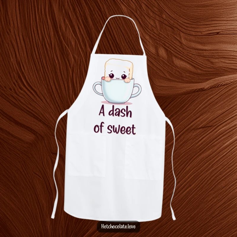 Funny apron with a curious sugar cube character peeking over a mug's rim, adding humor and charm to kitchen activities.