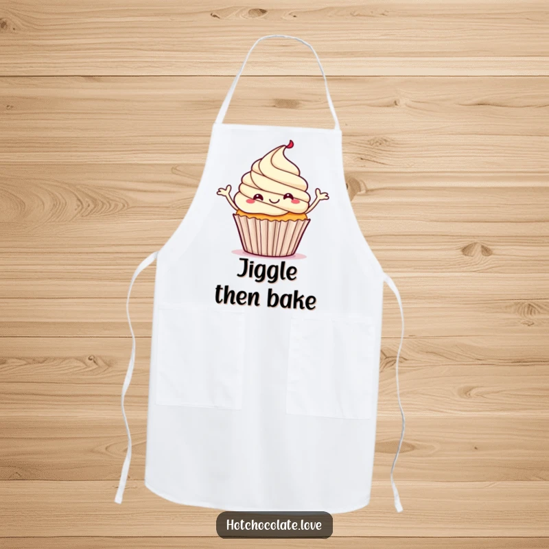 Funny apron design showing a happy, steaming cupcake doing a lively little jig.