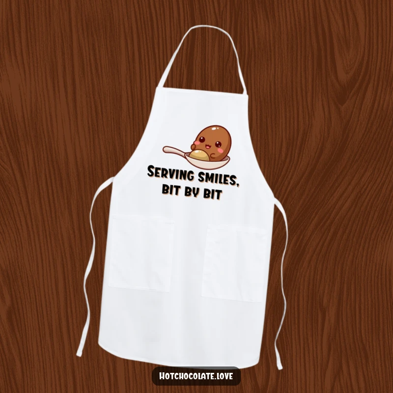 Funny cocoa bean giggling on a small spoon, featured on a practical and humorous kitchen apron.