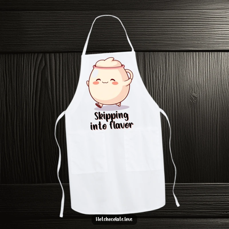 Funny skipping mug apron, showing a happy mug character joyfully skipping, ideal for cheerful cooking.