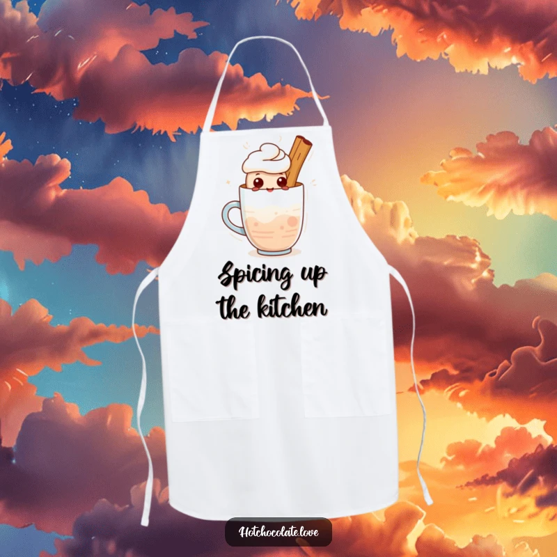 Funny apron: A cute cinnamon stick character standing proudly in a warm drink. Humorous kitchen accessory.