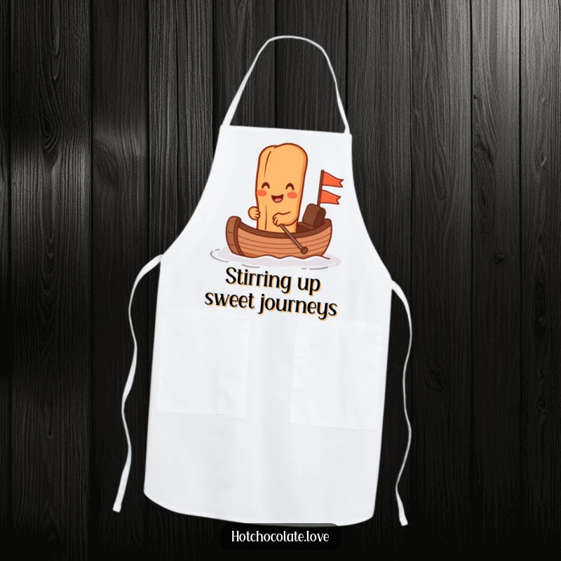 Funny cinnamon stick character rowing a chocolate boat on a functional apron, perfect for a humorous cooking experience.
