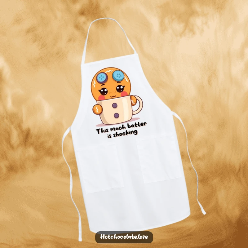 Funny surprised gingerbread man apron, wide-eyed and peeking, adding humorous shock and festive fun to cooking and baking activities.