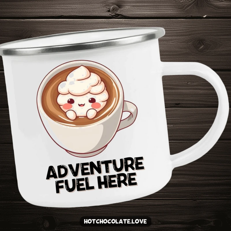 Funny camping mug featuring a playful cocoa powder puff character floating in a hot drink, durable and perfect for outdoor enthusiasts.
