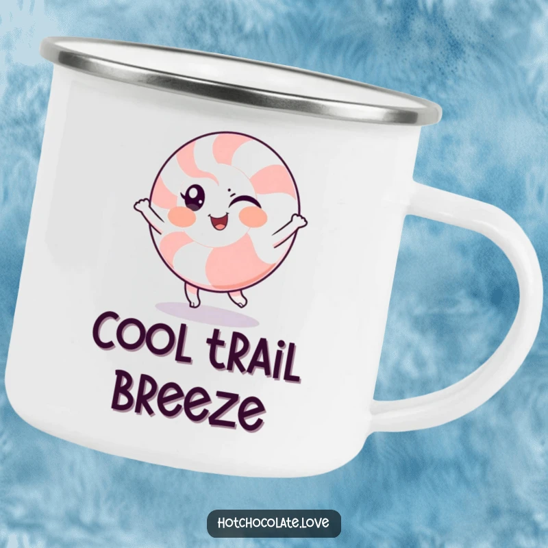 Funny camping mug with a winking peppermint character doing a cheerful spin, durable and perfect for outdoor enthusiasts.