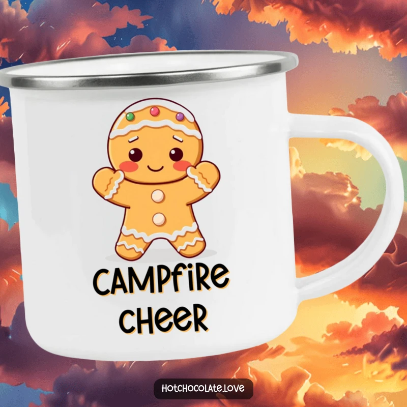Funny camping mug featuring a delightful gingerbread cookie with frosted hands clapping.