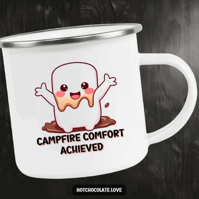 Funny Camping Mug showcasing a joyful marshmallow with arms wide, happily melting into chocolate, perfect for campfire coffee or cocoa.