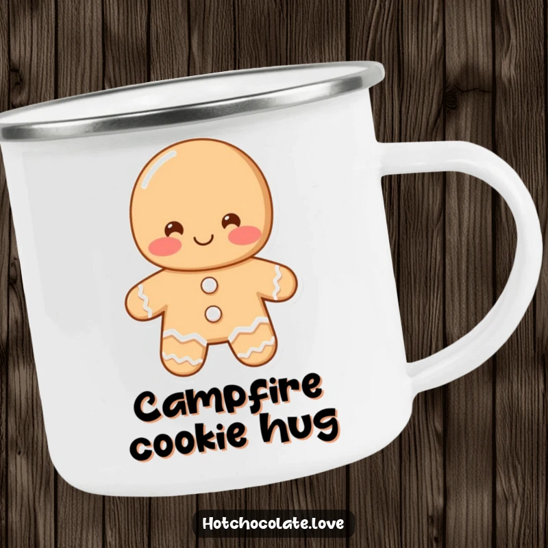 Funny gingerbread man camping mug with a shy, blushing gingerbread man offering a greeting, perfect for outdoor sipping.