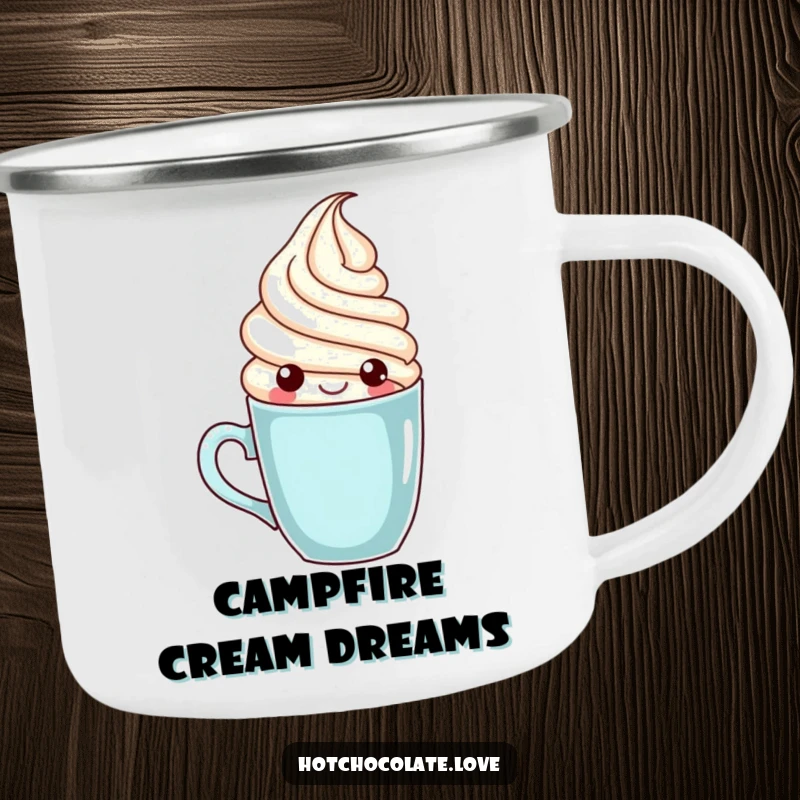 Funny whipped cream character popping out of a mug, designed for a sturdy and humorous camping mug.