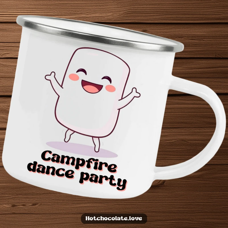 Funny camping mug featuring a grinning marshmallow doing a silly dance, perfect for outdoor adventures and laughter, great funny gift.