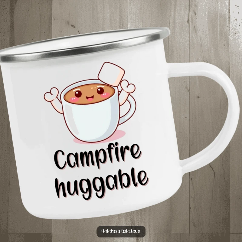 Funny camping mug with a smiling hot chocolate character whose marshmallow arms are waving in greeting.