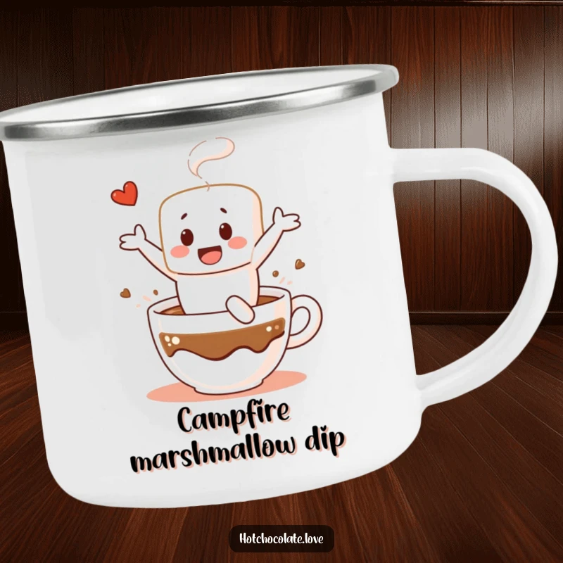 Funny camping mug with a cheerful marshmallow character diving into hot chocolate, ideal for enjoying beverages outdoors with a sweet chuckle.