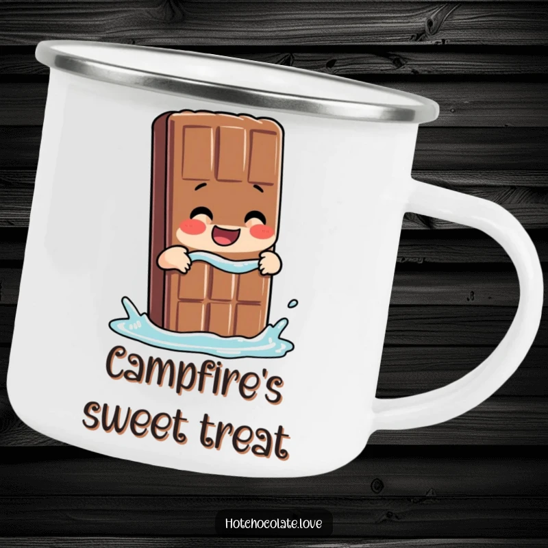 Funny Chocolate Camping Mug with a giggling chocolate bar person taking a dip, perfect for outdoor enjoyment.