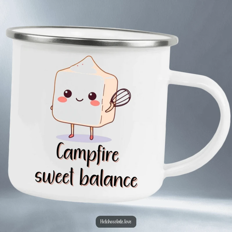 Funny sugar cube balancing a whisk on a durable camping mug, perfect for outdoor fun.