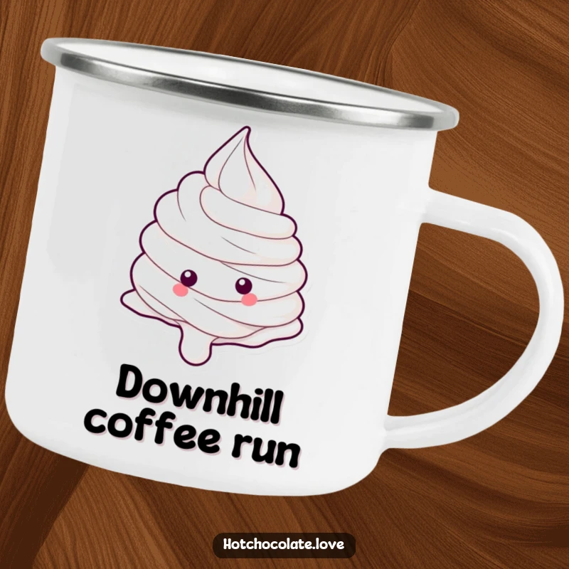 Funny whipped cream dollop rolling downhill on a rugged camping mug, perfect for outdoor fun.