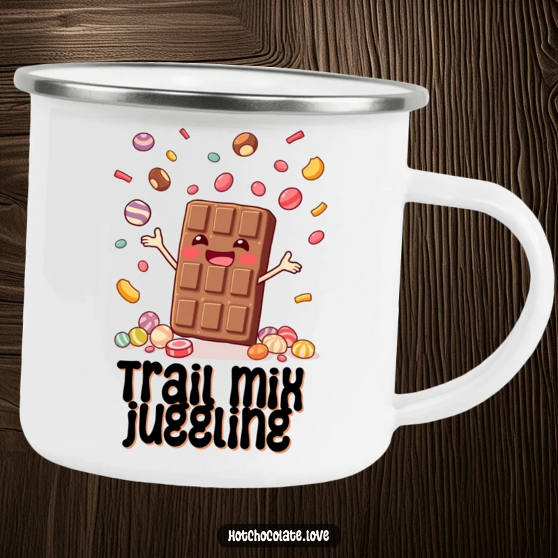 Funny camping mug design of a joyful chocolate bar juggling small candies, perfect for outdoor adventures and sweet moments, great funny gift.