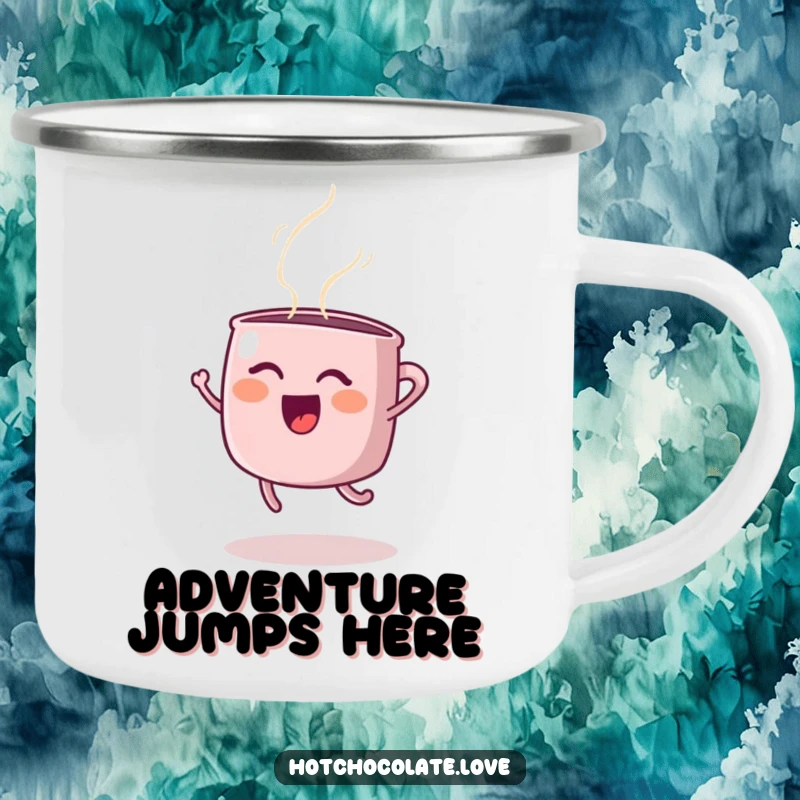 Funny camping mug design of a happy steaming mug doing an energetic joyful jump, ready for any outdoor adventure, great funny gift.