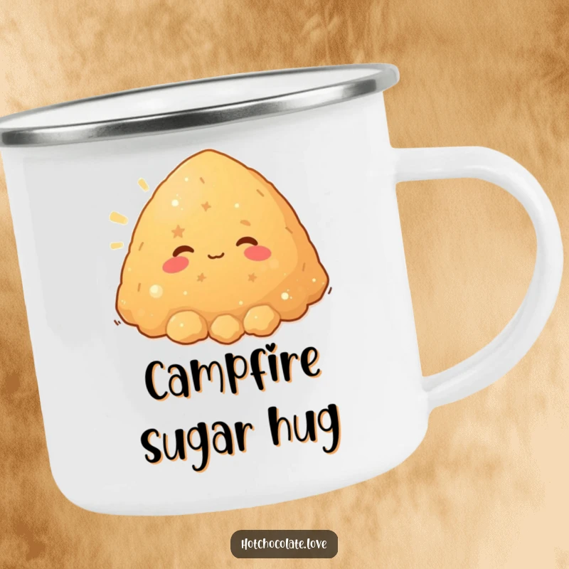 A contented pile of brown sugar character beaming with warmth, depicted on a rugged camping mug, ready for outdoor enjoyment.