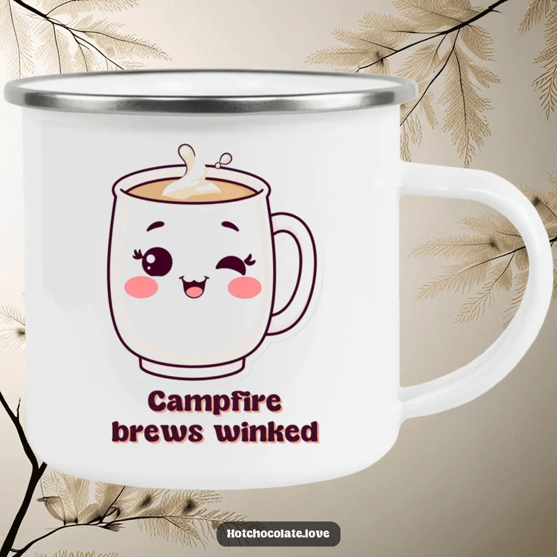 Funny camping mug: A bubbling mug character winking happily. Durable drinkware for outdoor fun.
