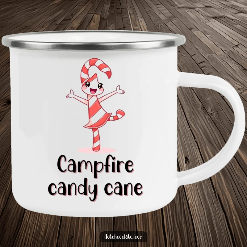 Funny Candy Cane Camping Mug featuring a delighted candy cane doing a silly pirouette with festive stripes, perfect for outdoor enjoyment.
