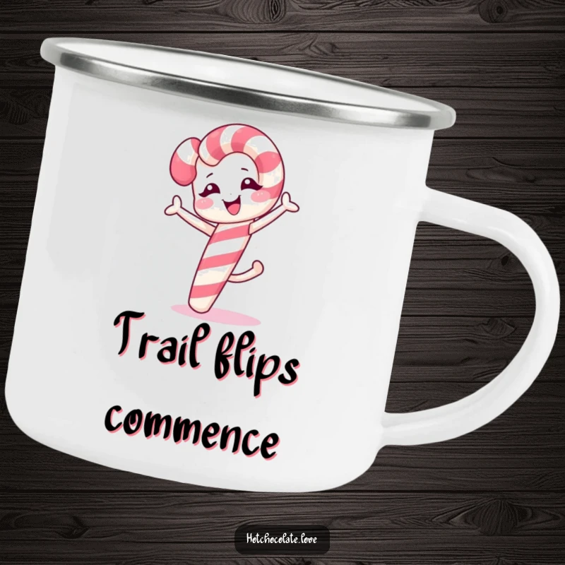 Funny winking candy cane performing a cartwheel on a sturdy camping mug for outdoor use.